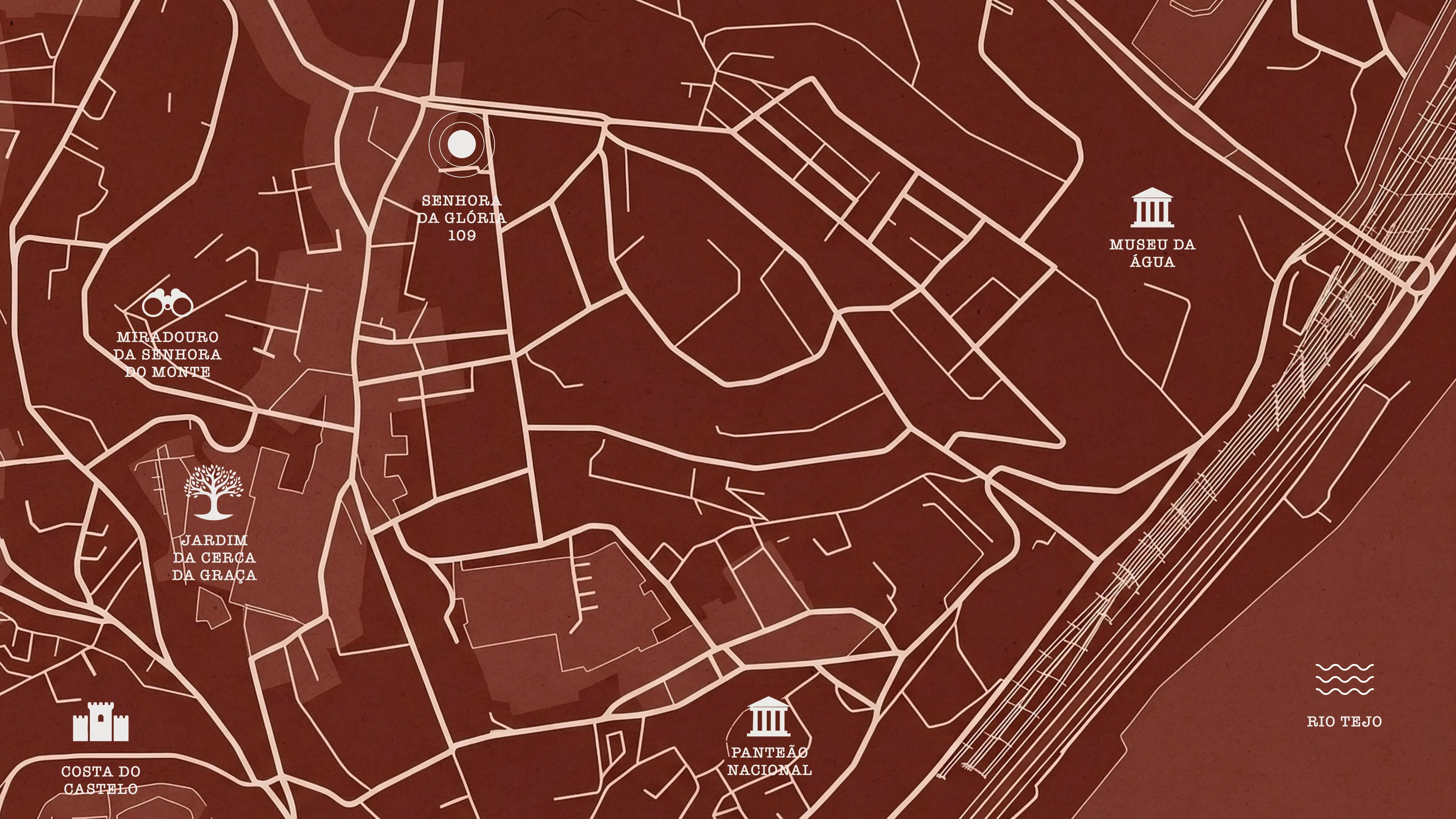 Mapa da zona com Senhora da Glória 109, Miradouro da Senhora do Monte, Jardim da Cerca da Graça, Costa do Castelo, Panteão Nacional, Museu da Água e Rio Tejo